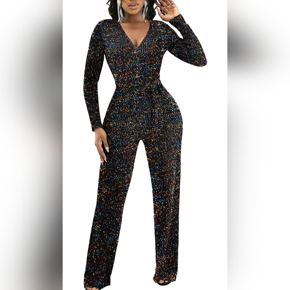 Women's Elegant sexy V-neck sparkling Jumpsuit long sleeve loose Size M